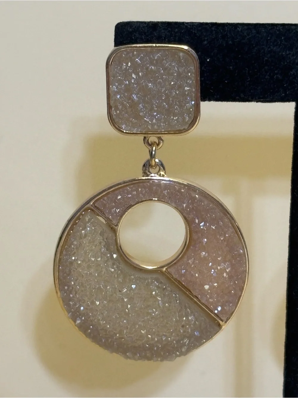 Sugarfix Gold-Tone Pale Pink and Cream Druzy Circle Drop Earrings 2-3/8”